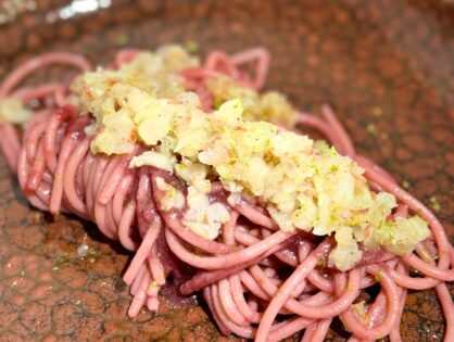 Spaghettone Mancini alla Rapa Rossa con Crudo di Gambero Rosso al Lime